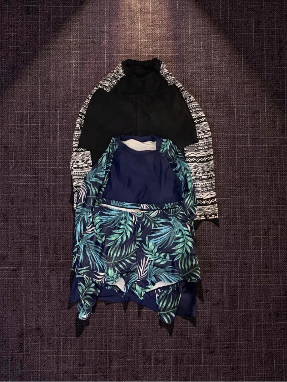 Buy 2 and Save $ Two-Piece Navy & Tropical Leaf Swim, Black Patterned Rash Guard